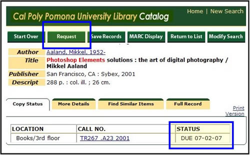 long display screen shot of an item record in the Library Catalog