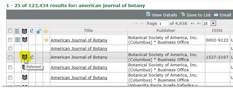 screen shot from Urichsweb showing search results listing