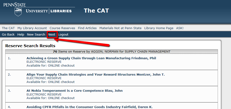 Next button in Course Reserves