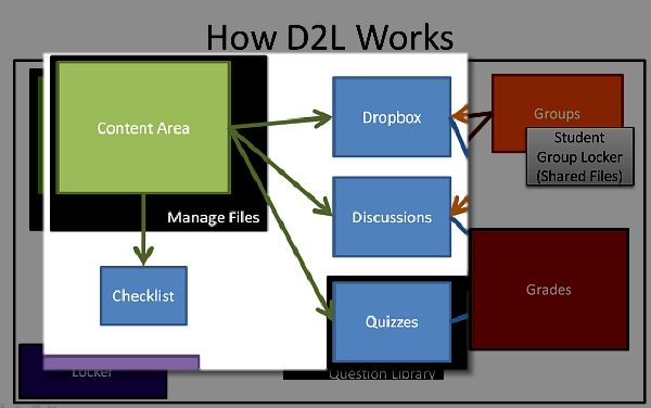 Graphic of the Content areas relationship to other areas within D2L