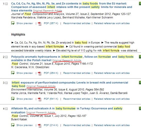 Screeshot from Science Direct search results list showing "Original Research Article" notations
