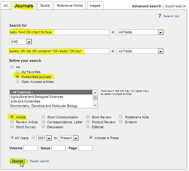 screenshot from Science Direct journals search