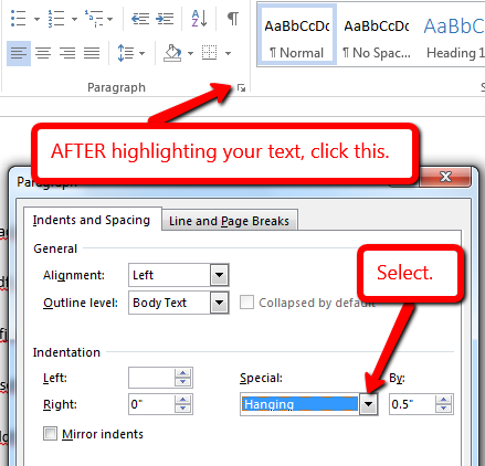 applying hanging indent microsoft word 2016 shortcut key