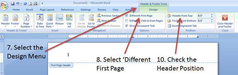 how to get different first page header in word